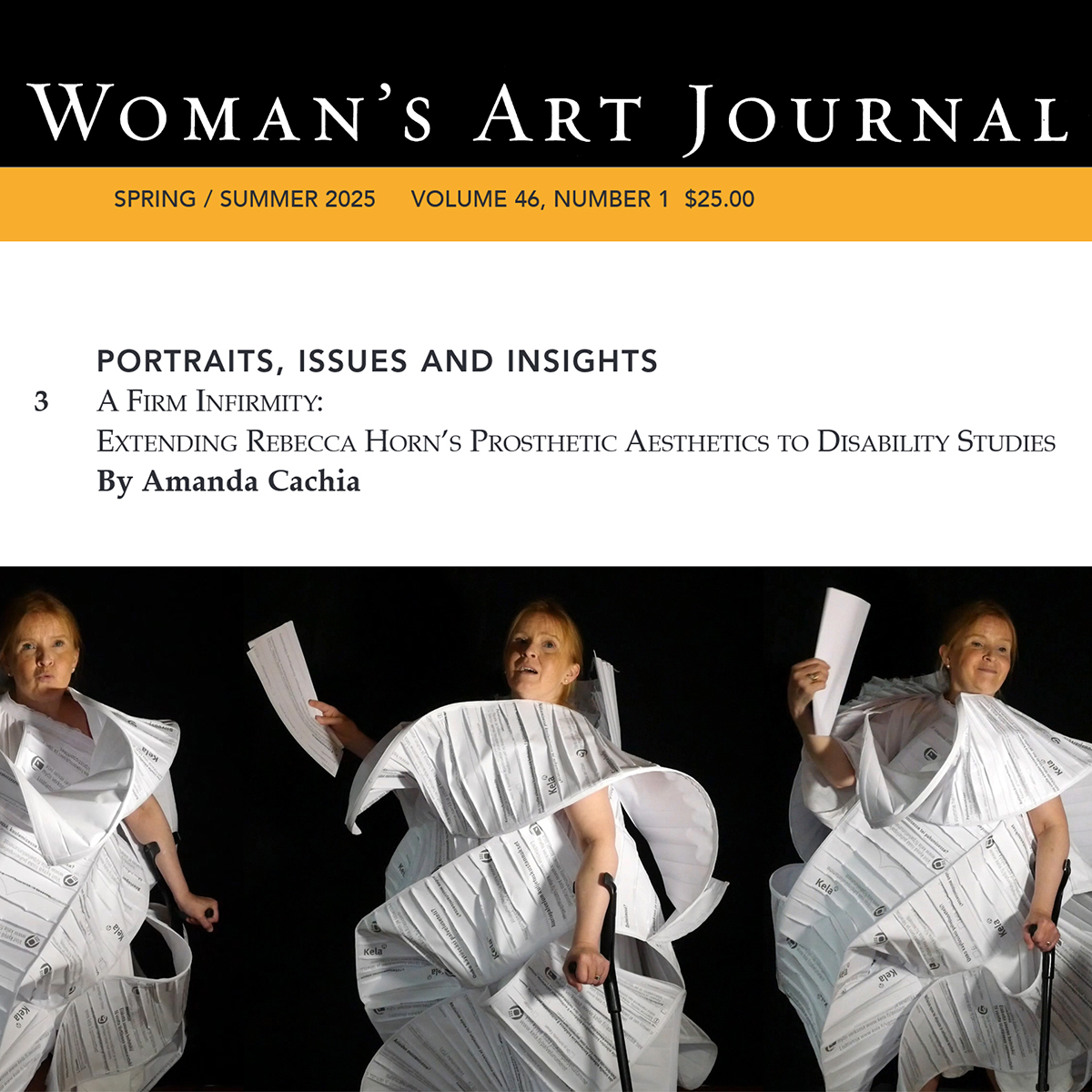Screenshot from Woman´s Art Journals artickle by Amanda Cachia with an image of the performance costume made of paper.