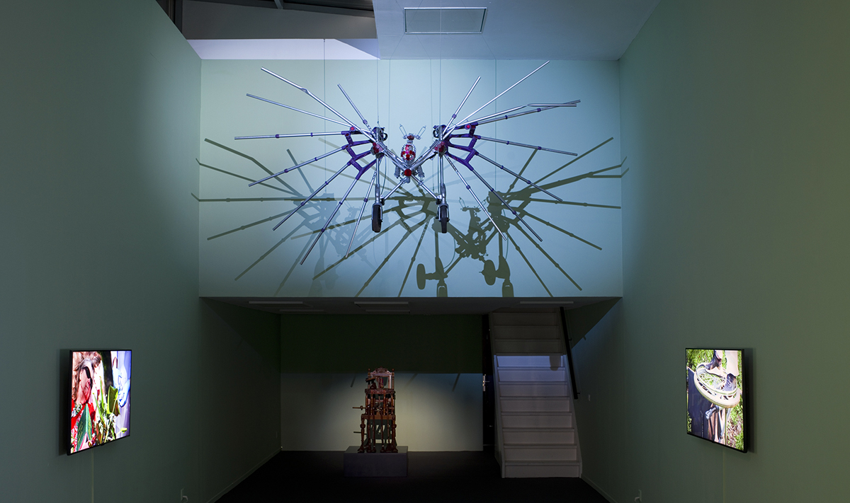 Walker with crutch wings hanging in the 1646 Experimental Art Space. Behind it is a strong shadow.